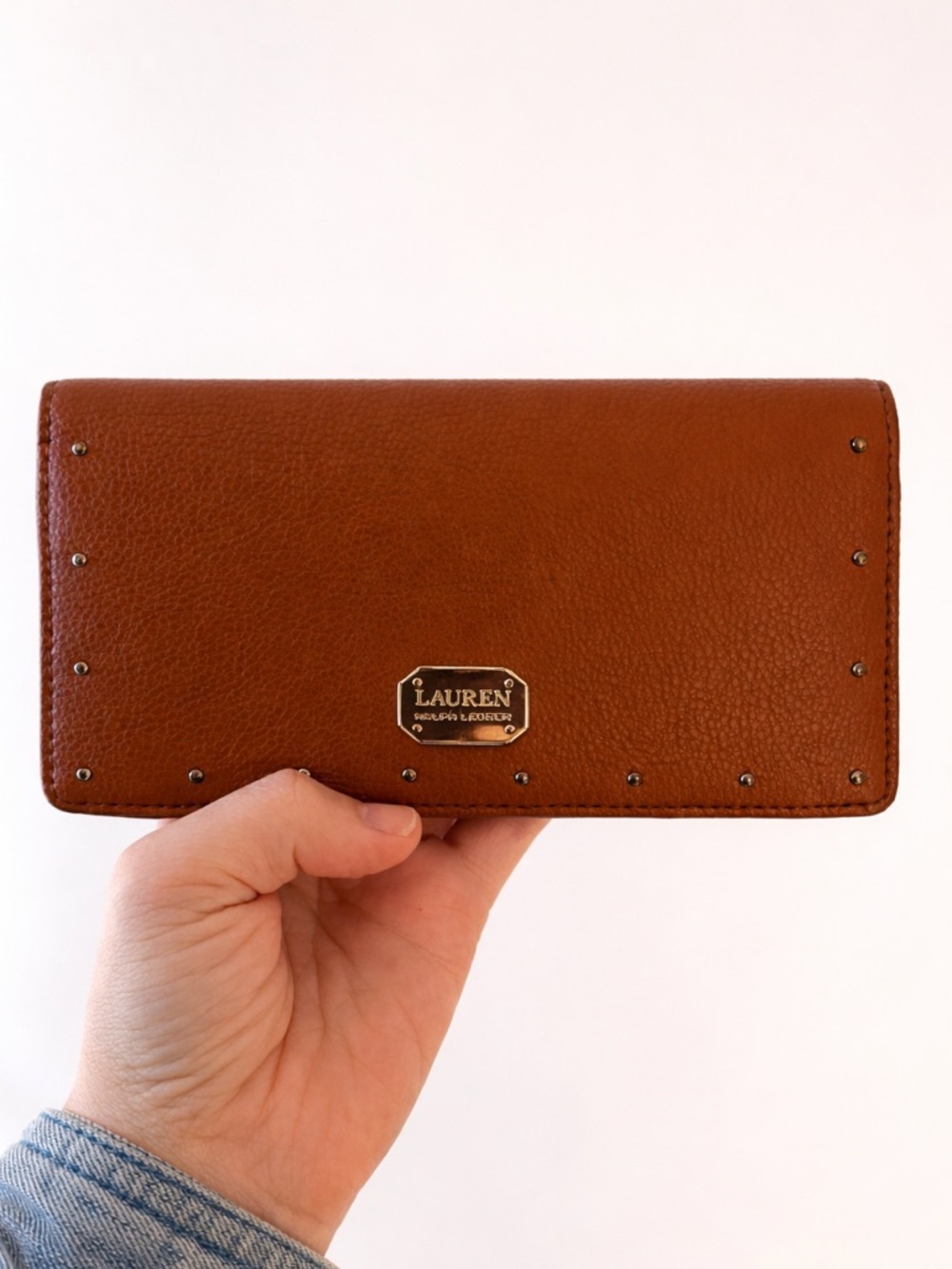 Lauren Ralph Lauren Brown Pebbled Leather Studded Continental Wallet